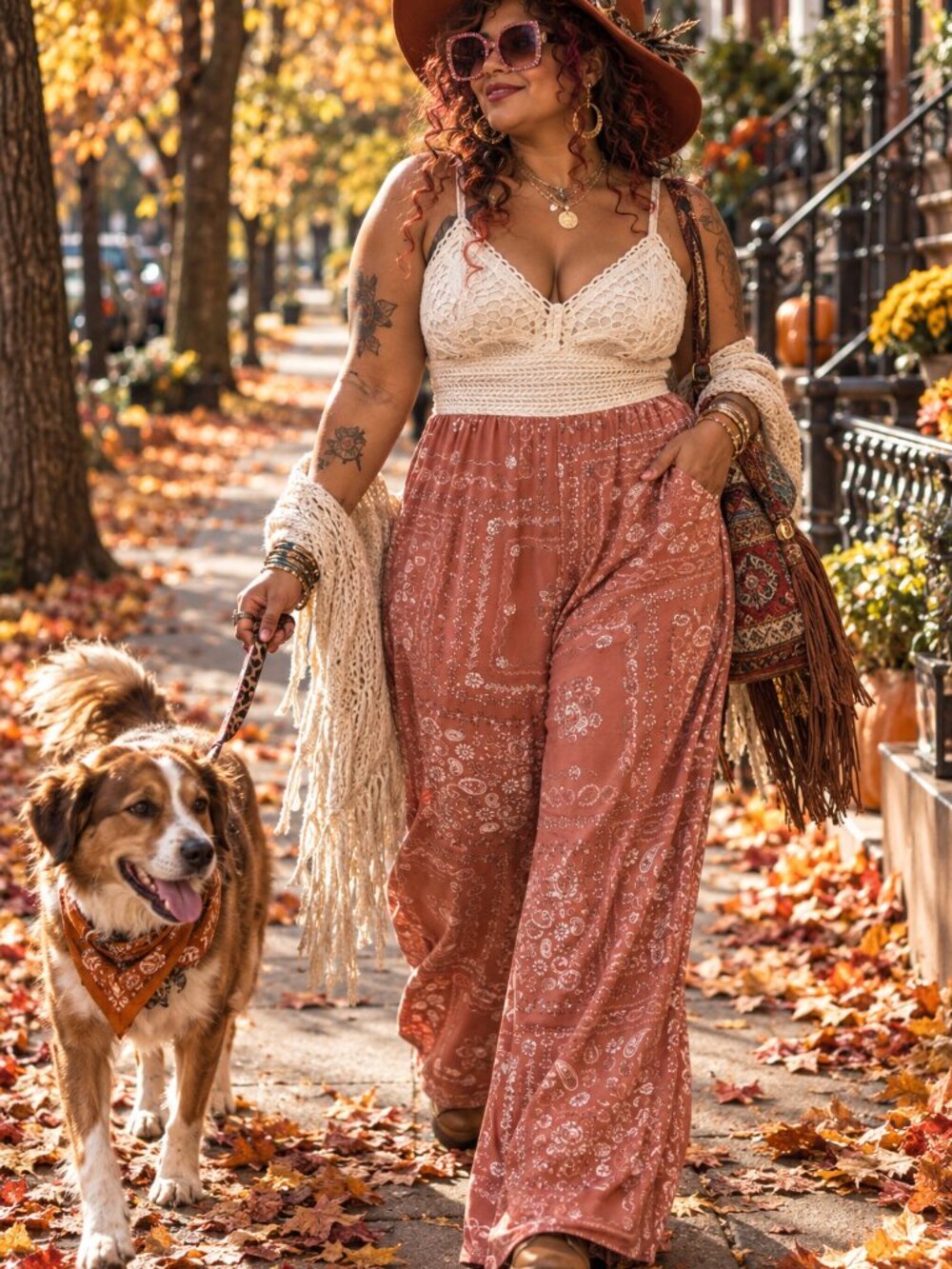 Rebel Heart Crochet Lace Bandana Print Wide Leg Jumpsuit XL NWT